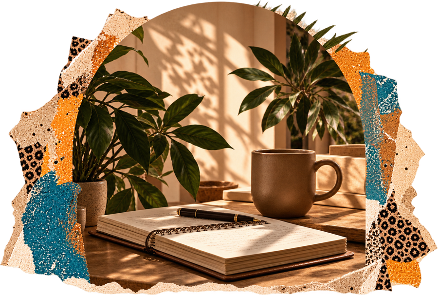 Open journal, pen and mug among plants