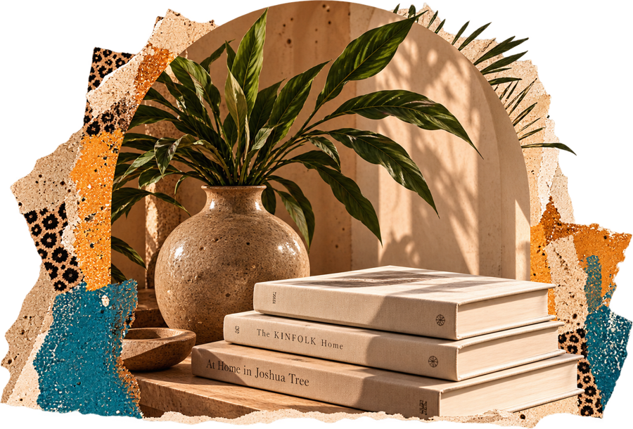 Vase, plant and a stack of books in a sunlit arch