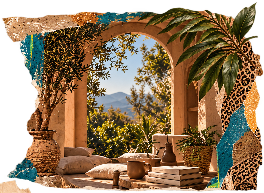 Sunlit archway overlooking the mountains, with cushions, books and a warm mug