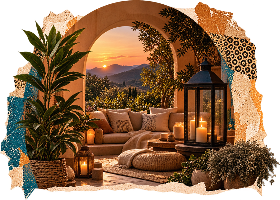 Sunset archway with sofa, lantern and candles