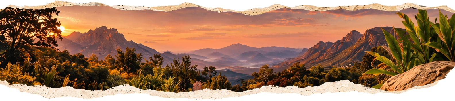 Sunset over mountains and trees, with green leafy plants on the right and torn cream paper edges